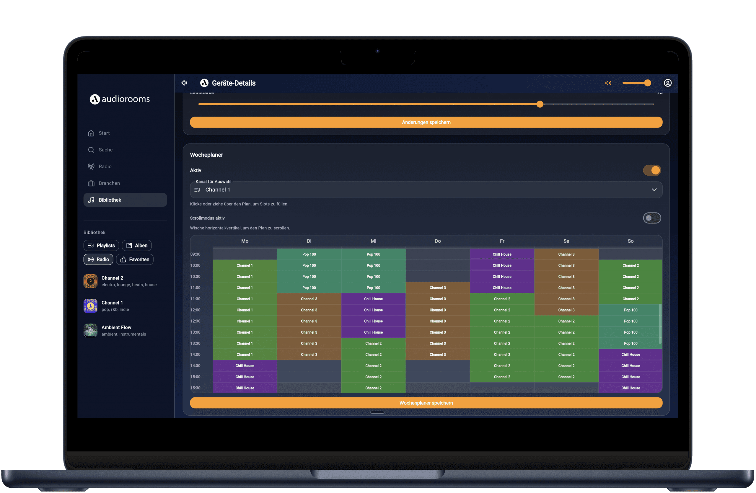 Weekly planner in the audiorooms player portal