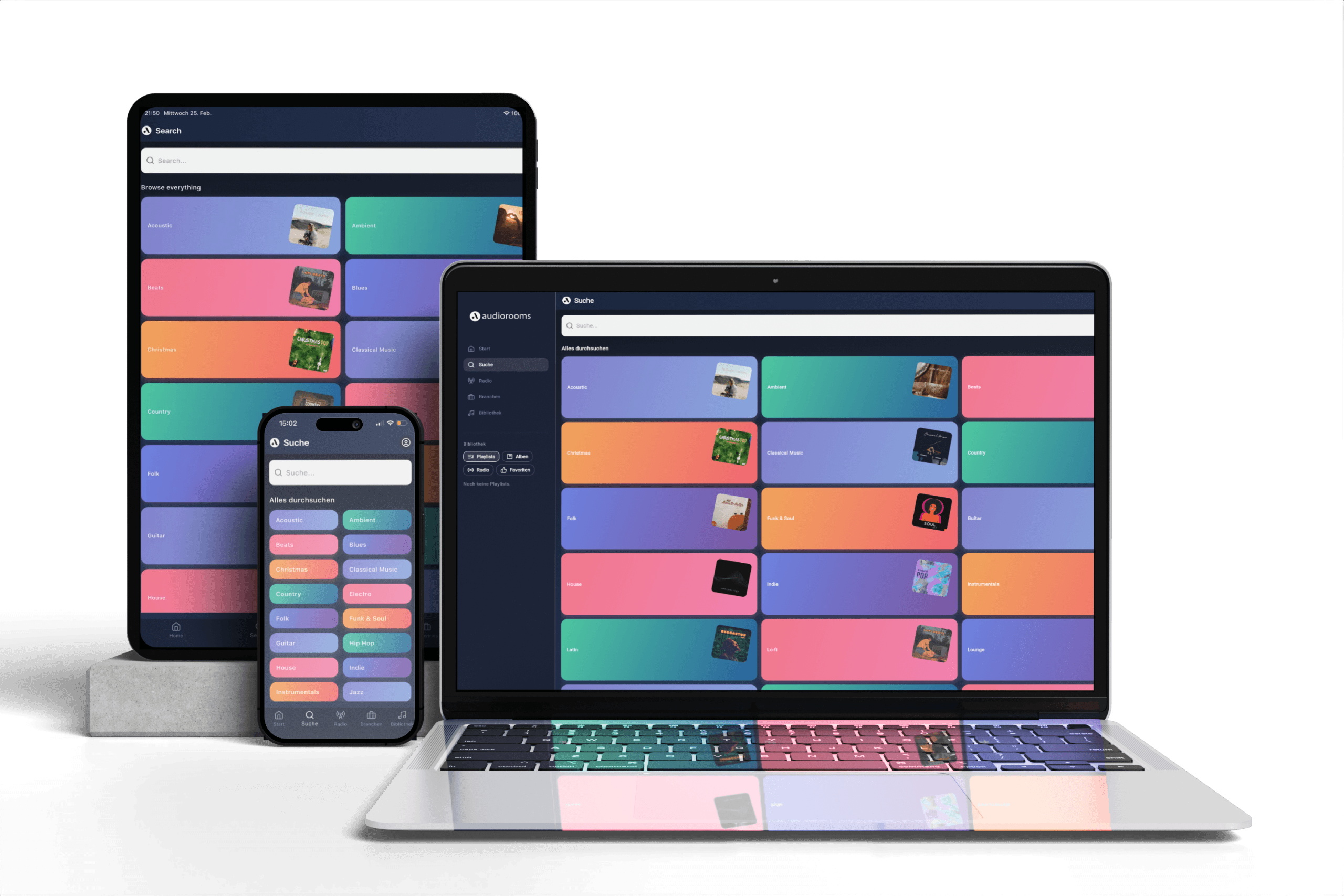 audiorooms app on laptop, tablet and smartphone